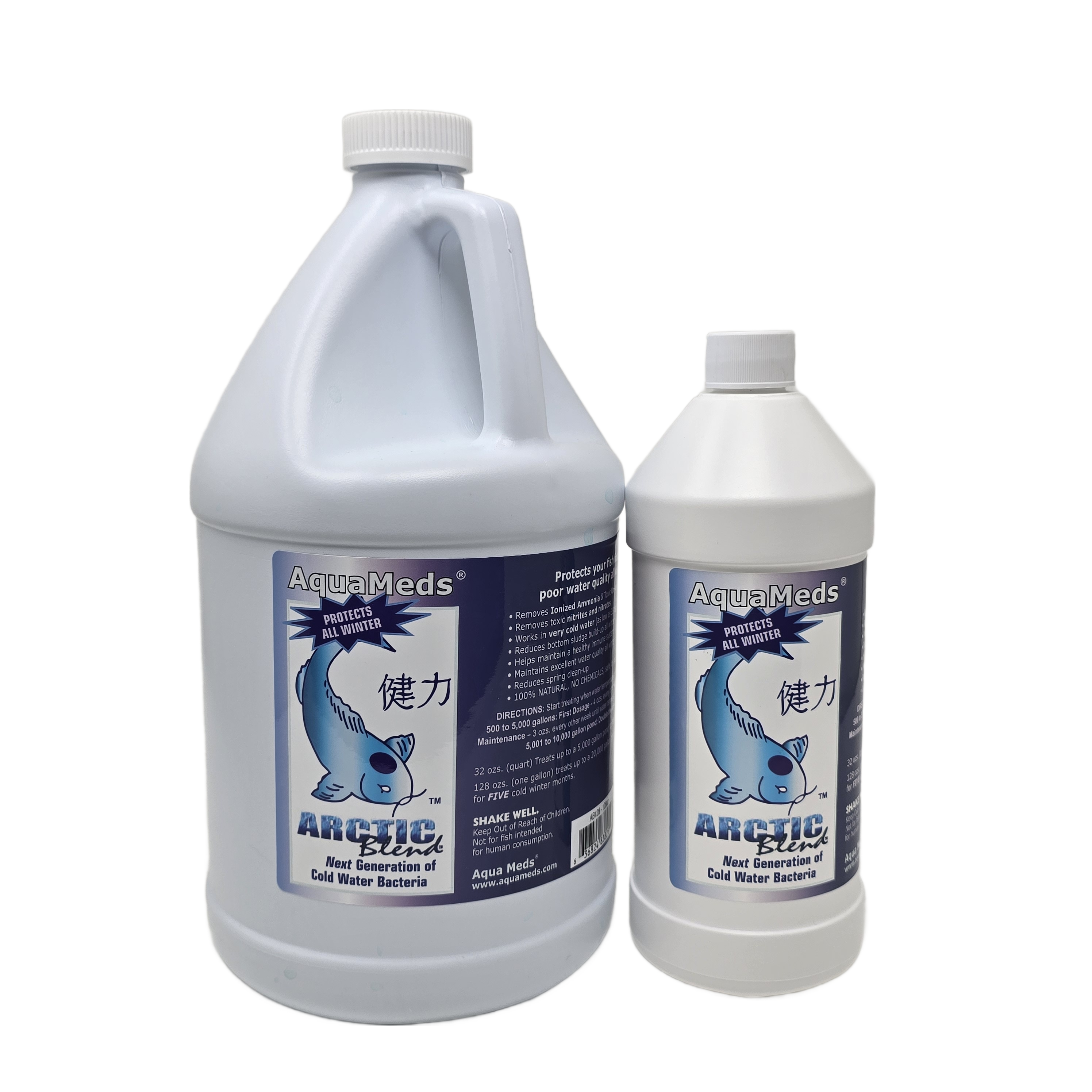 Aqua Meds Arctic Blend product group showing 32oz and 128oz sizes for winter koi pond care