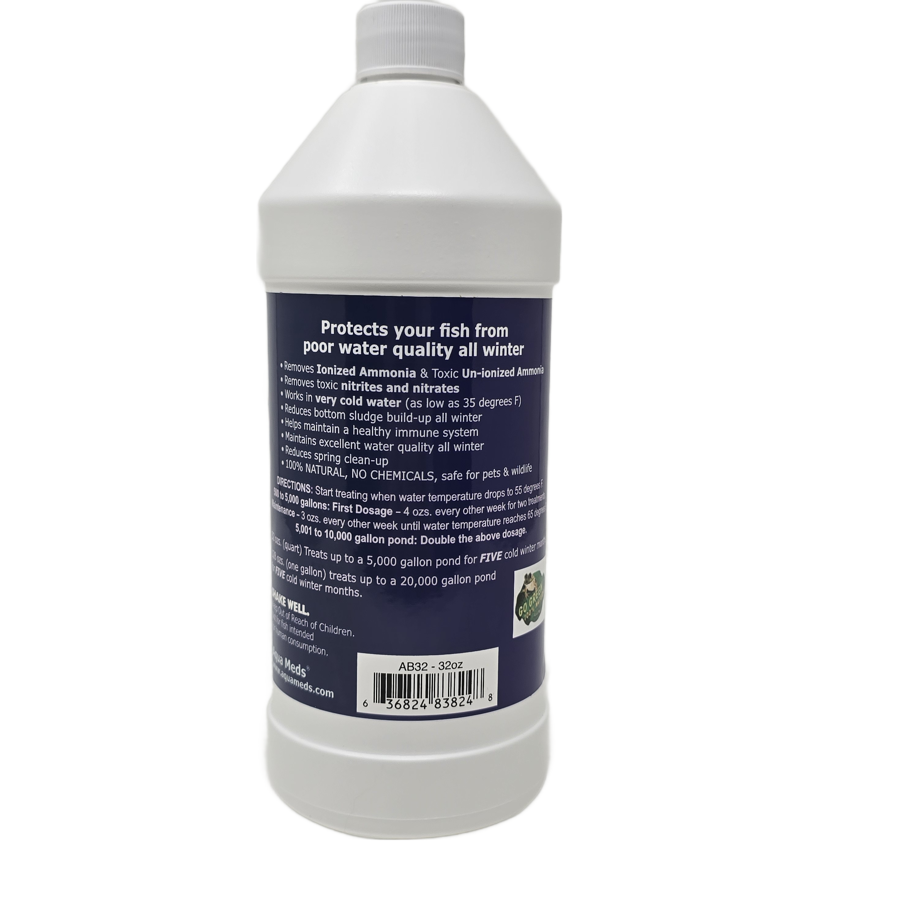 Aqua Meds Arctic Blend back label - dosage instructions for winter pond bacteria treatment
