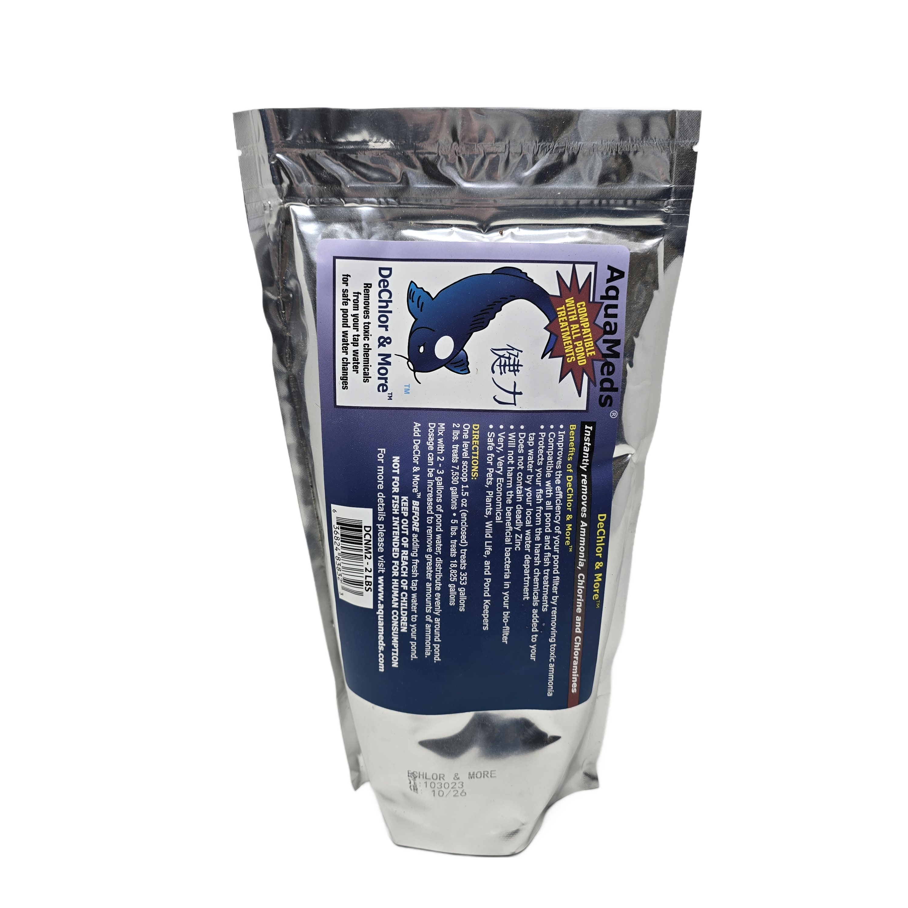Aqua Meds Dechlor and More 2 lb pouch- dry concentrate removes ammonia, chlorine and chloramines from koi ponds