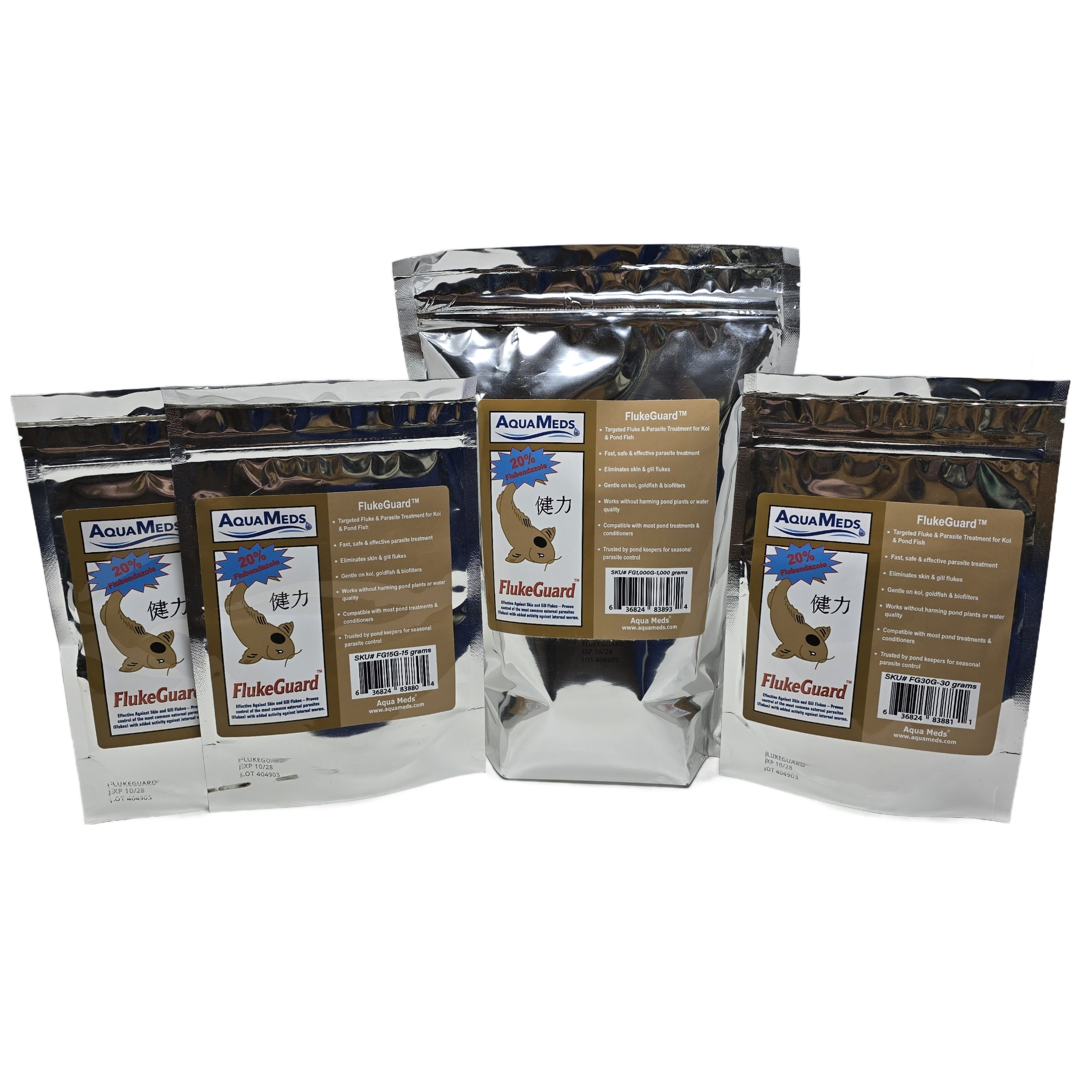 Aqua Meds FlukeGuard product group showing all available sizes for koi pond treatment