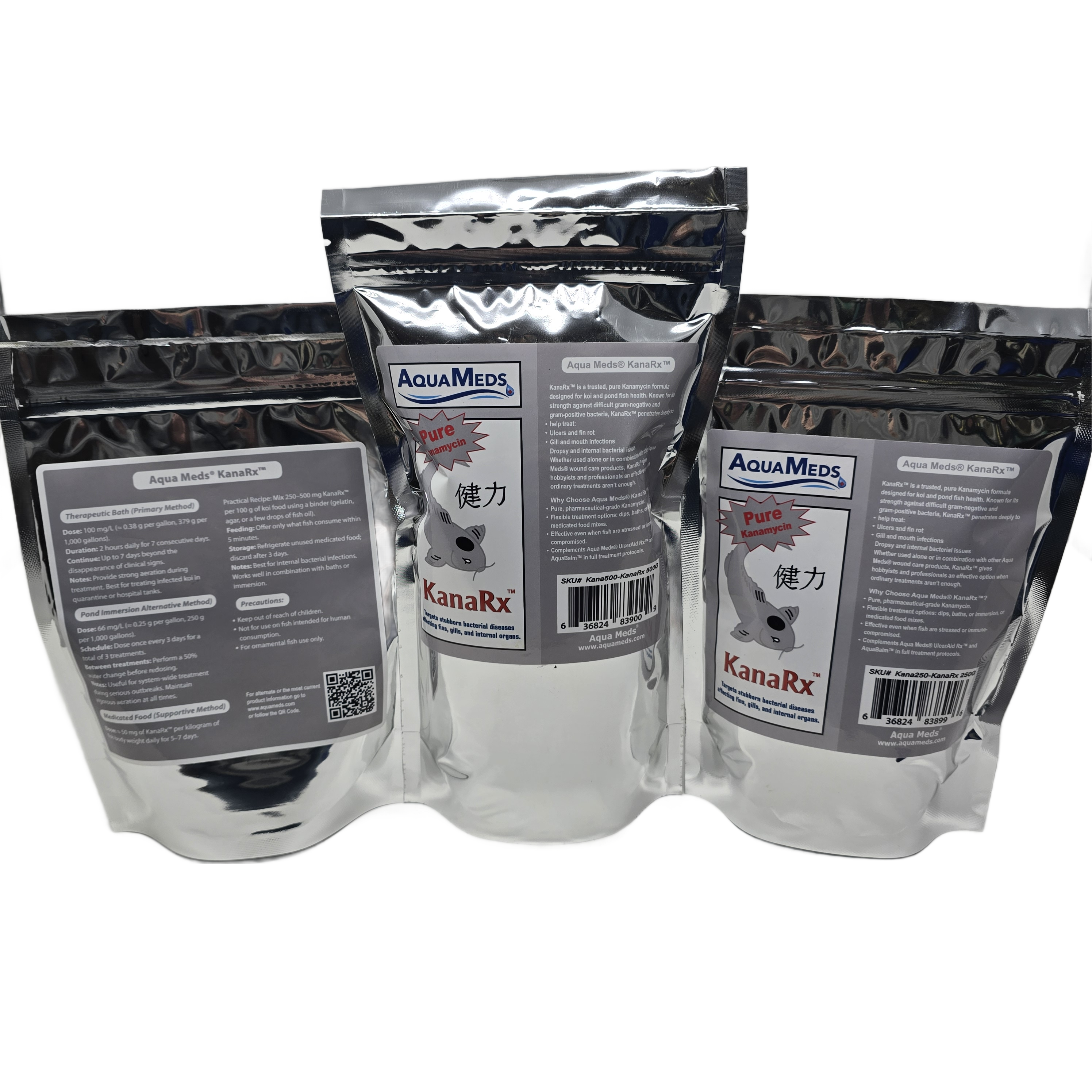 Aqua Meds KanaRx product group showing all three sizes - 100g, 250g, and 500g kanamycin koi treatment