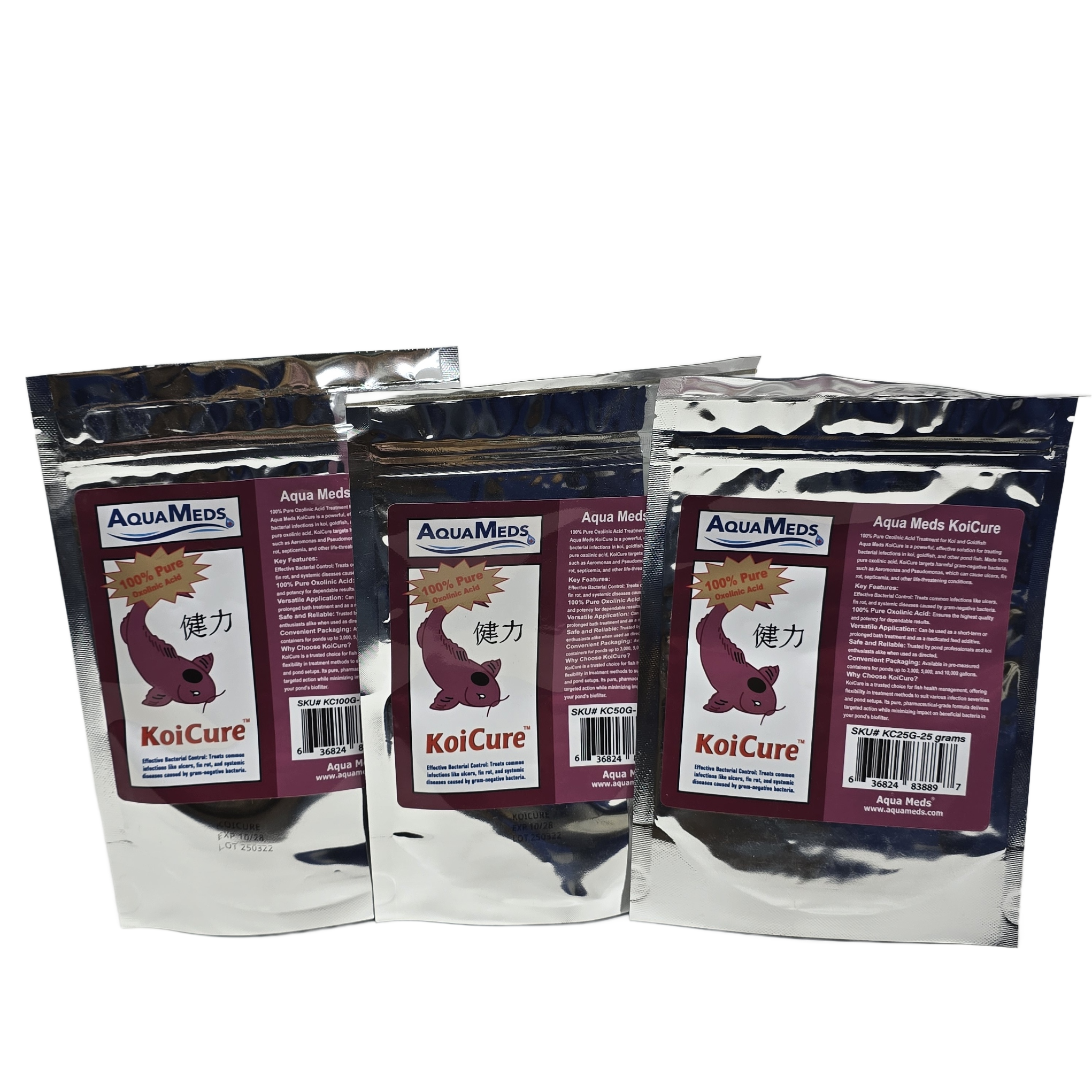 Aqua Meds KoiCure product group showing all available sizes for koi pond health treatment