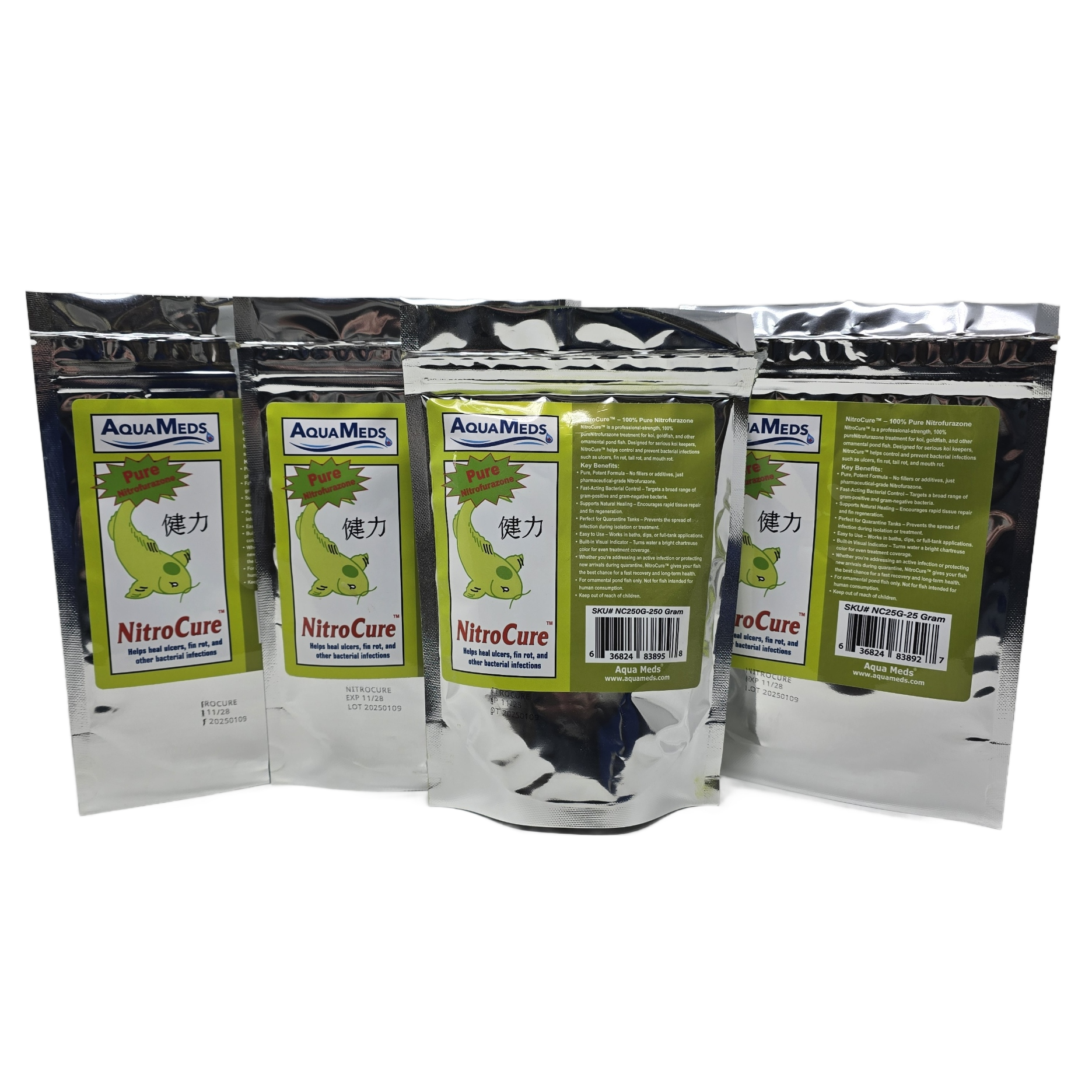 Aqua Meds NitroCure product group showing all available sizes for koi bacterial infection treatment