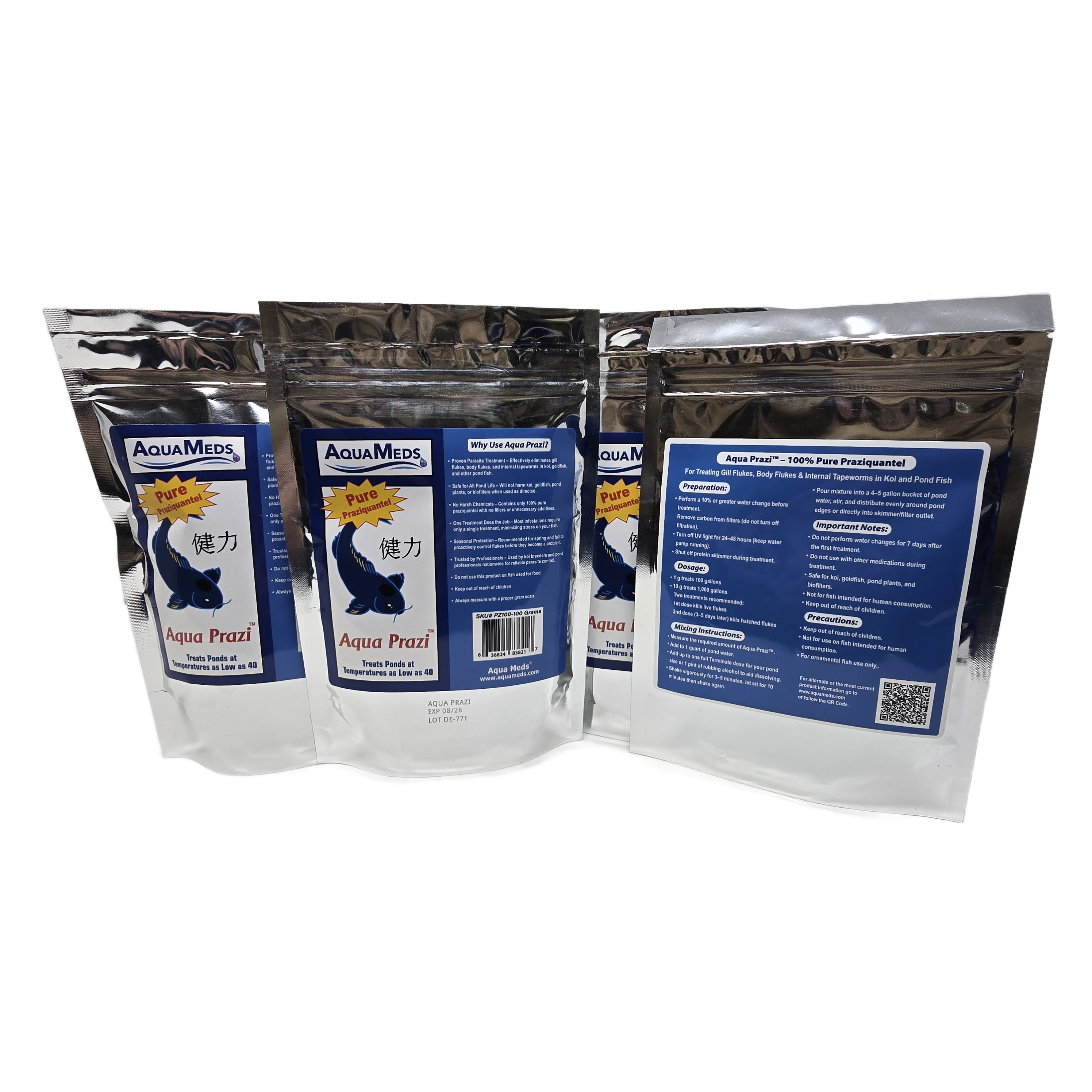 Aqua Meds Aqua Prazi product group showing all available sizes for koi pond parasite treatment