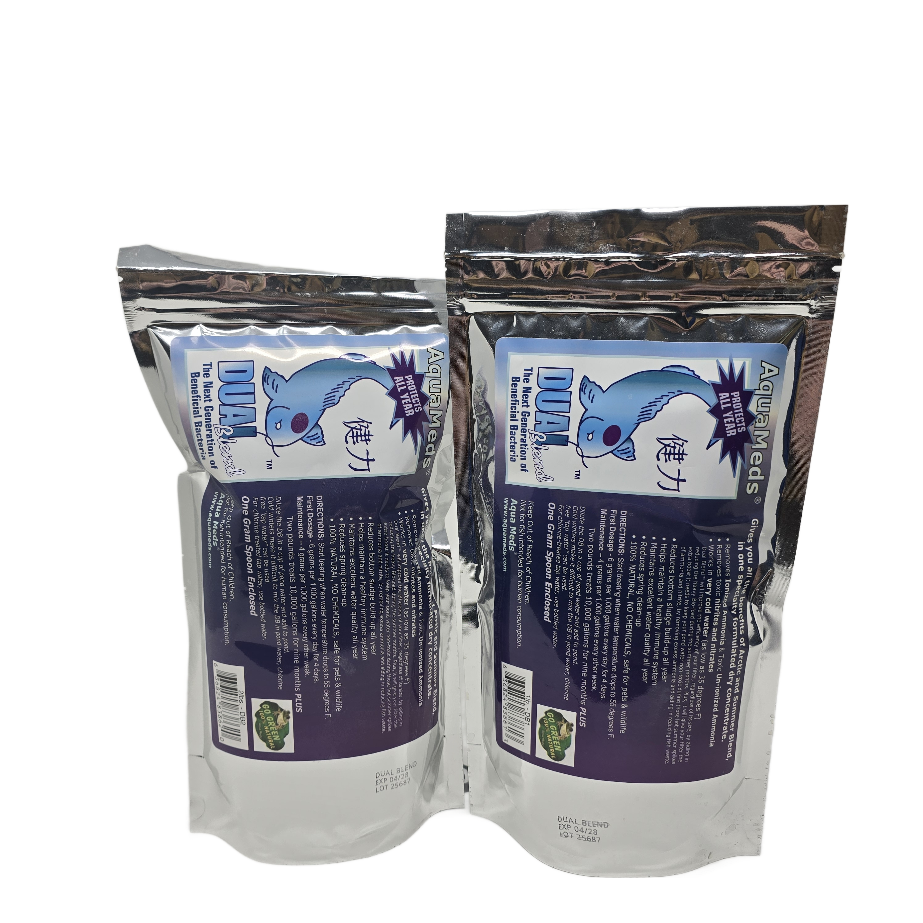 Aqua Meds Dual Blend beneficial bacteria product group showing 1lb and 2lb sizes for koi ponds