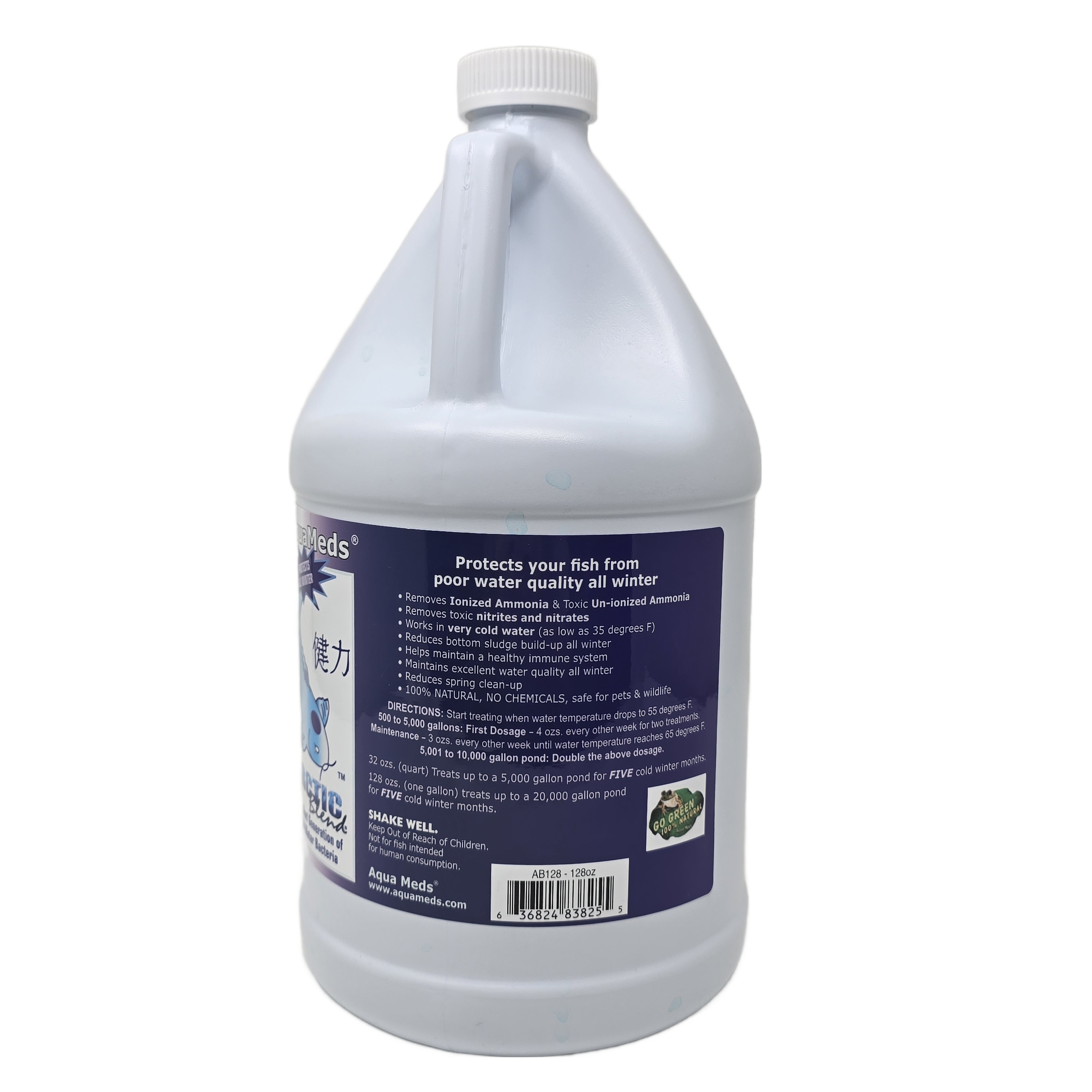 Aqua Meds Arctic Blend 128oz back label - winter bacteria dosage and treatment instructions for large ponds