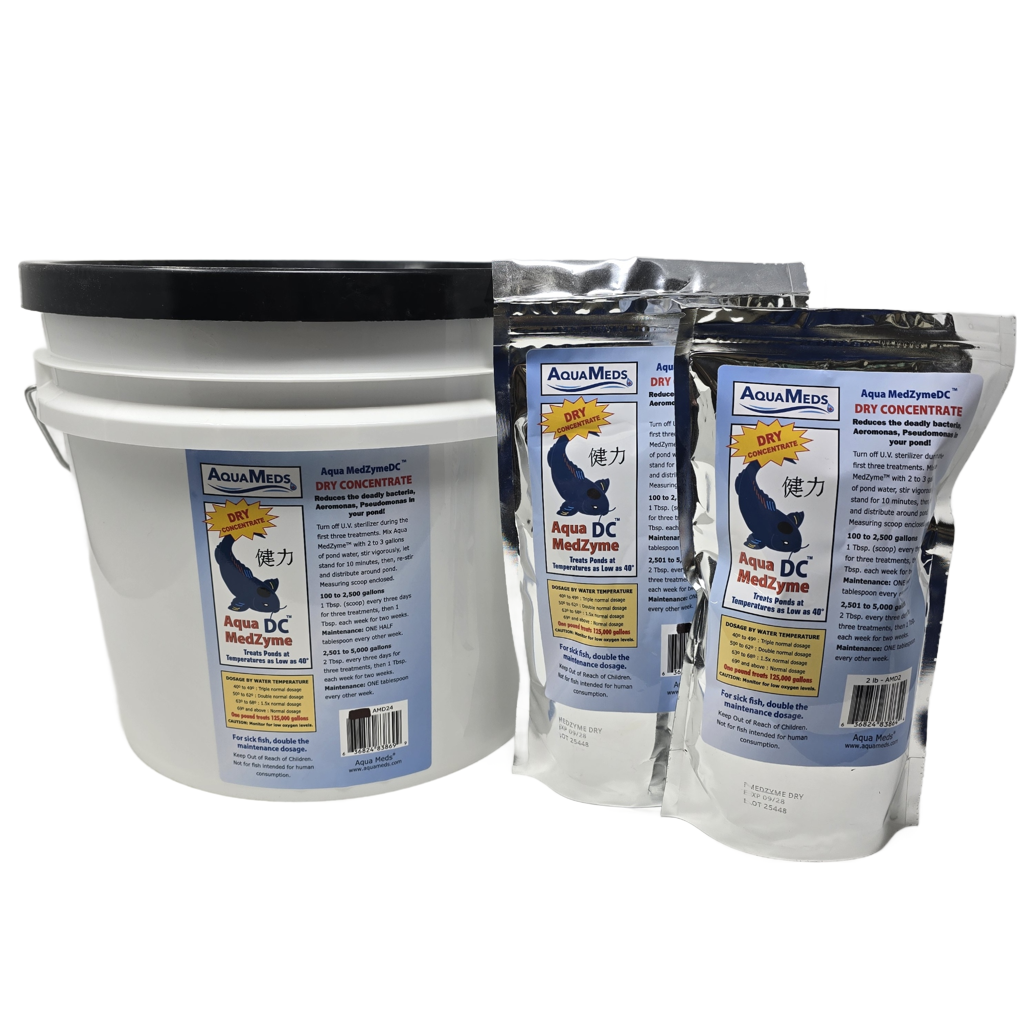 Aqua MedZyme Dry product line - natural beneficial bacteria for koi pond treatment in 1lb, 2lb and 24lb sizes