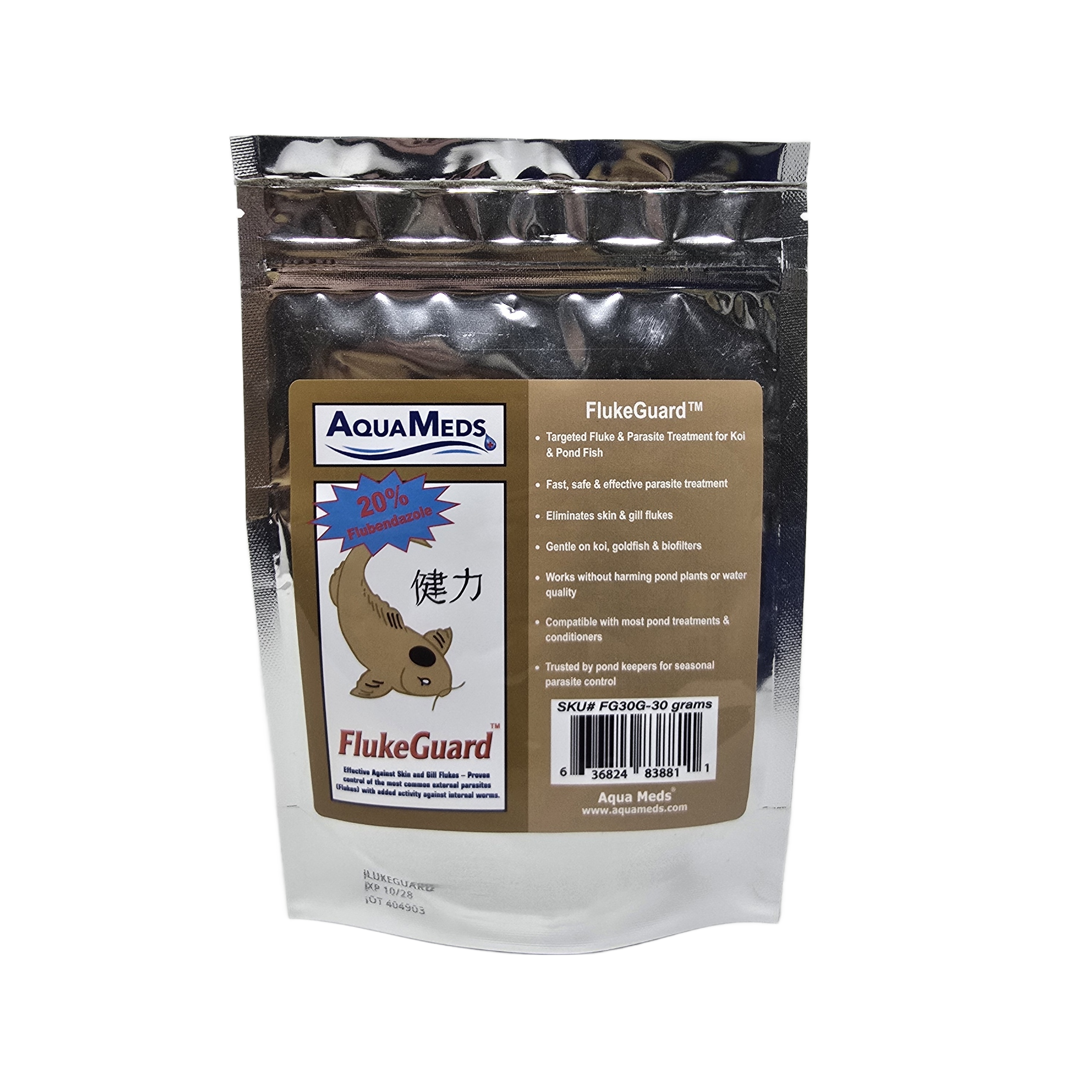 Aqua Meds FlukeGuard 30 gram bottle for medium koi ponds