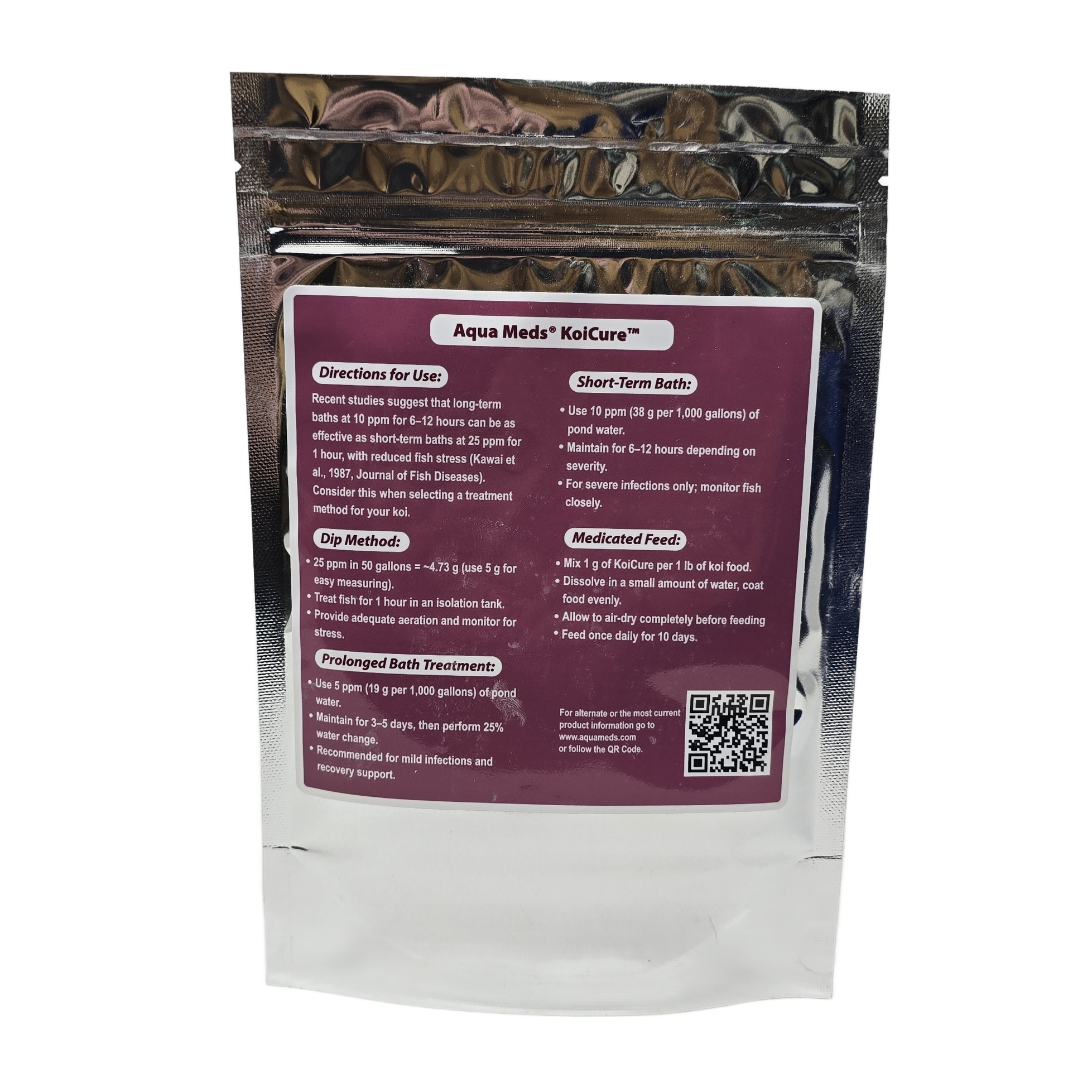 Aqua Meds KoiCure back label with dosage instructions and treatment information