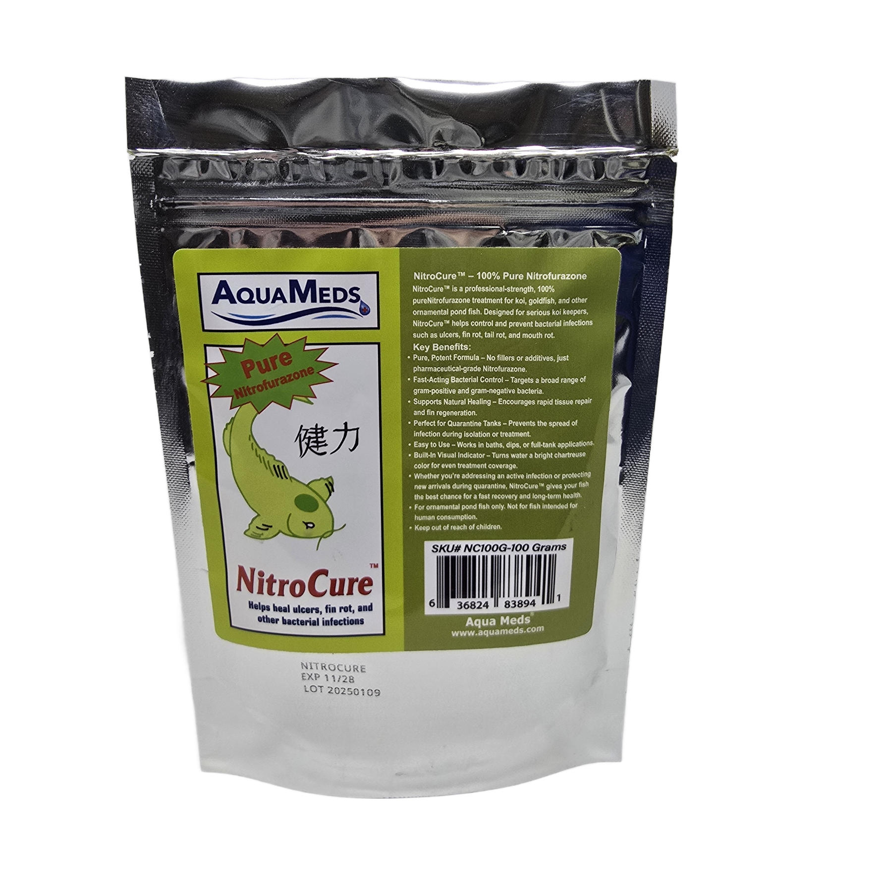 Aqua Meds NitroCure 100 gram bottle nitrofurazone treatment for large koi ponds