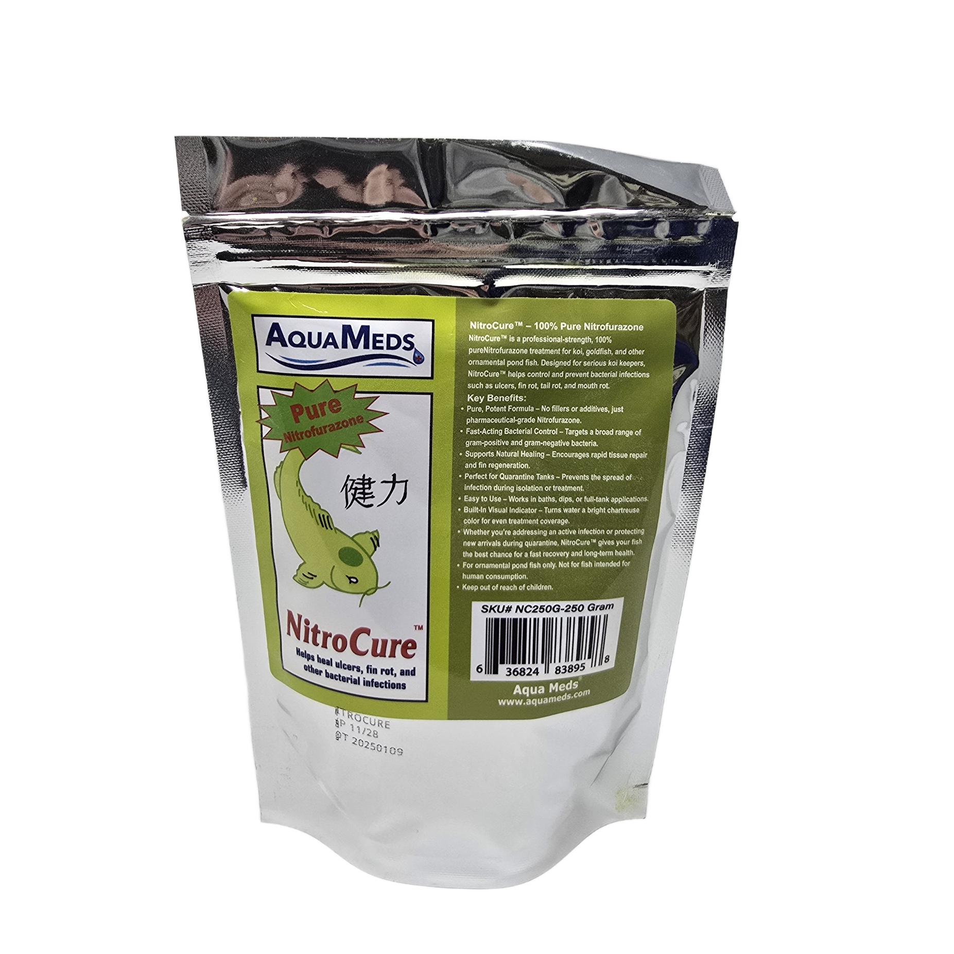 Aqua Meds NitroCure 250 gram bottle nitrofurazone treatment for extra large koi ponds