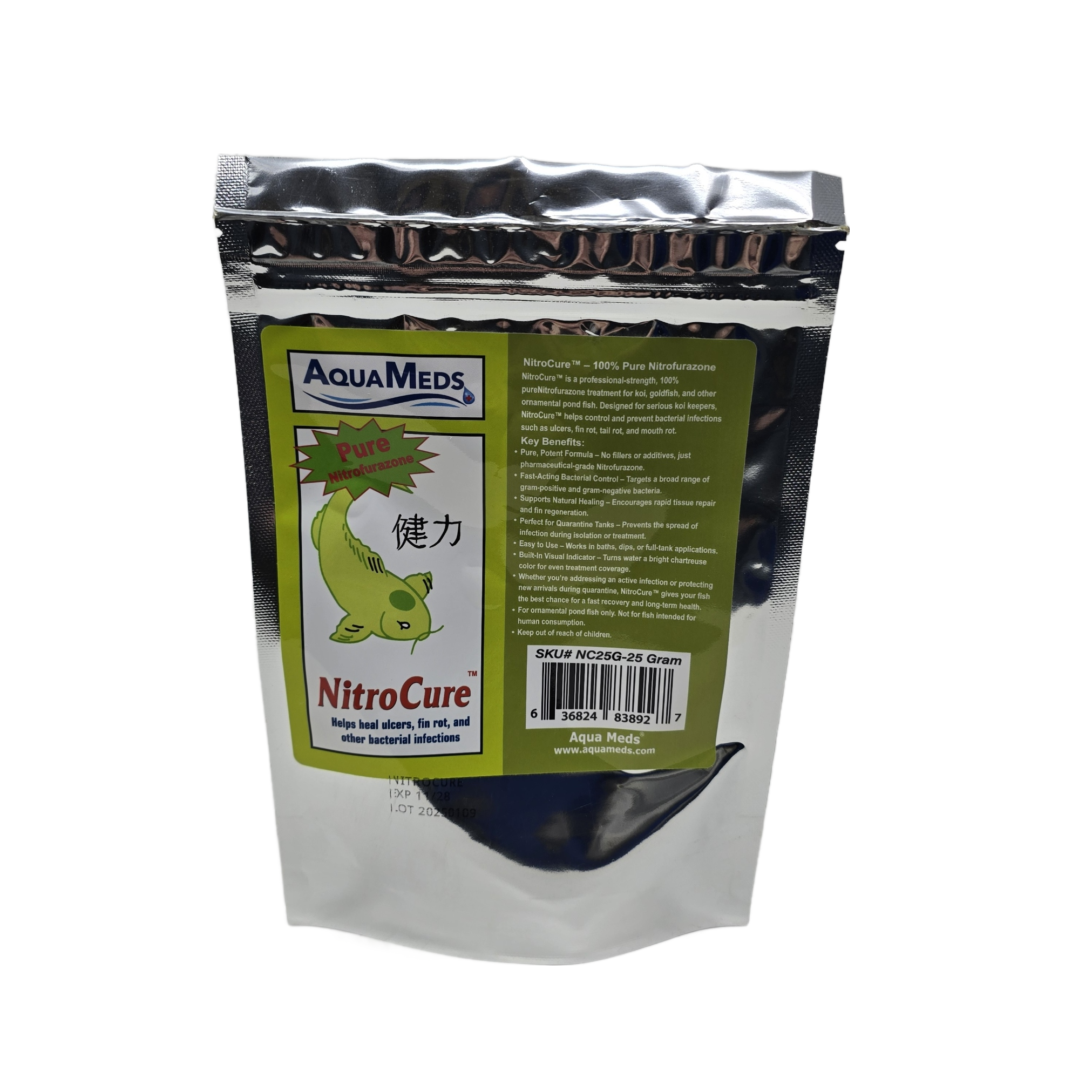 Aqua Meds NitroCure 25 gram bottle nitrofurazone treatment for small koi ponds