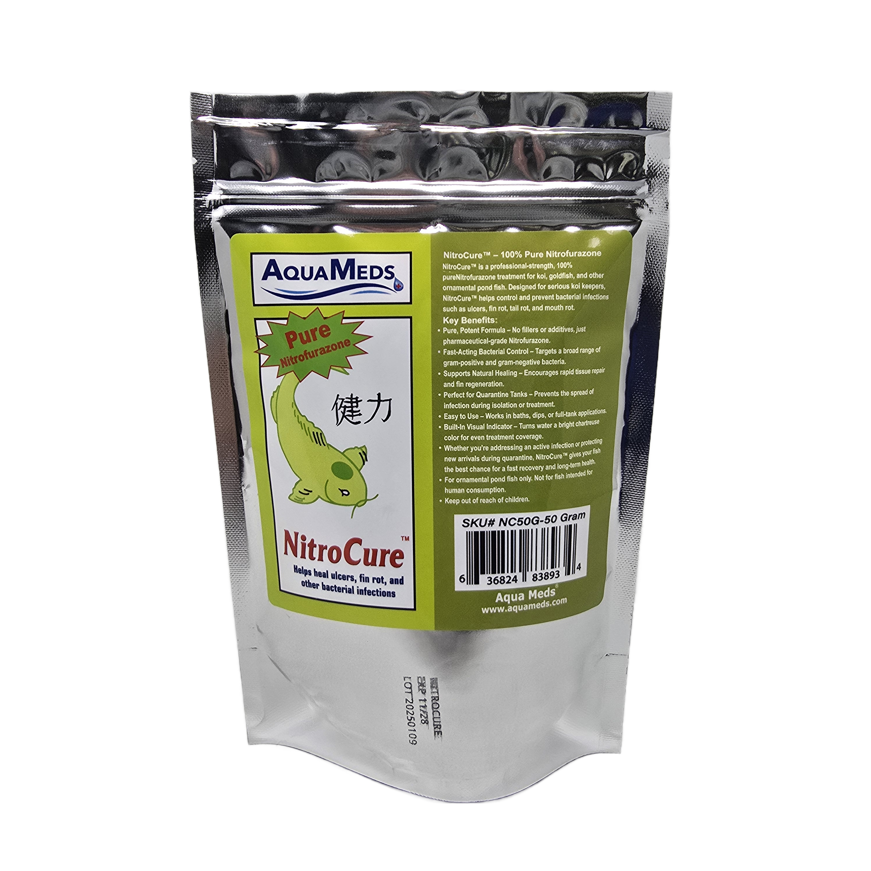 Aqua Meds NitroCure 50 gram bottle nitrofurazone treatment for medium koi ponds