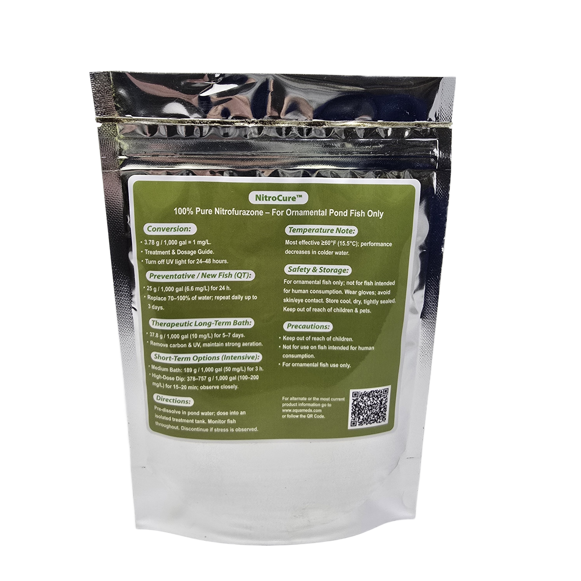 Aqua Meds NitroCure back label with nitrofurazone dosage instructions and treatment information