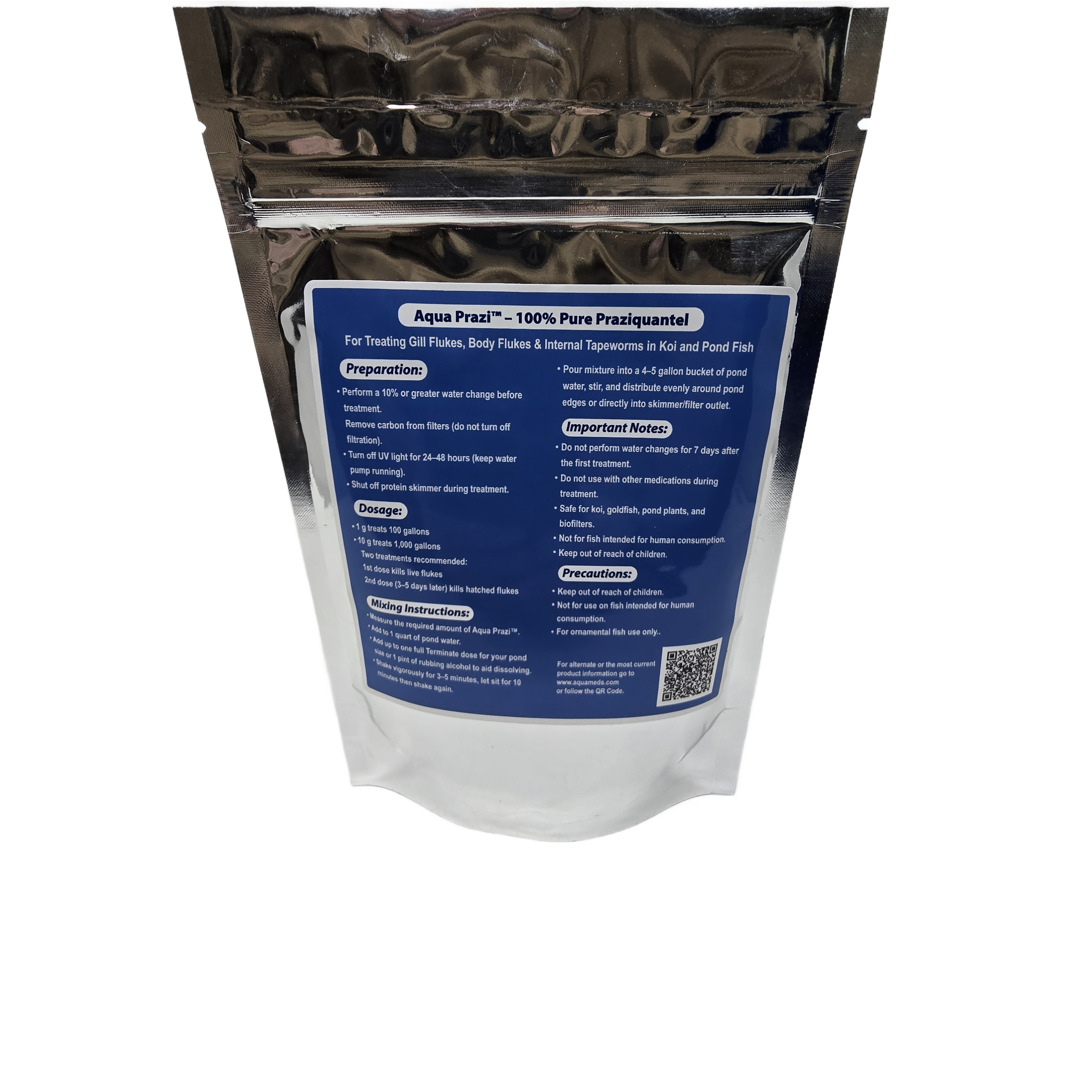 Aqua Meds Aqua Prazi back label with praziquantel dosage instructions and treatment information