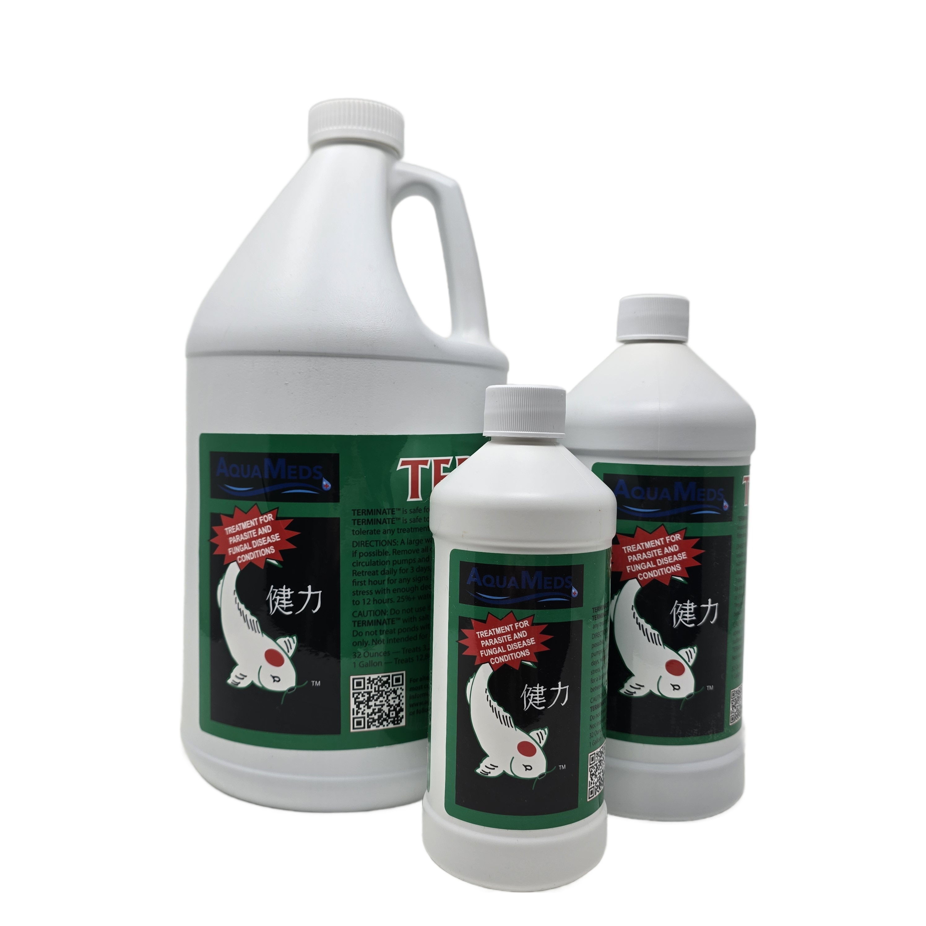  Aqua Meds Terminate product group showing multiple bottle sizes for koi pond parasite treatment