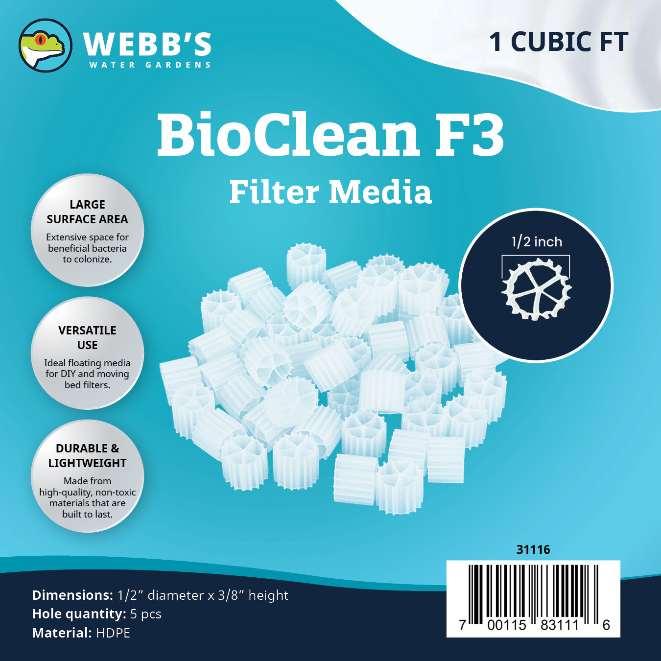 Webb's BioClean F3 Filter Media 1 cubic foot packaging showing HDPE biological filter media pieces, dimensions, and key features